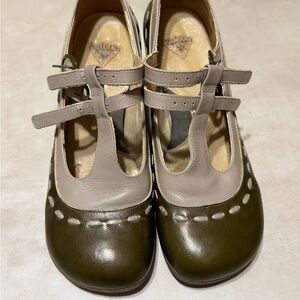 John Fluevog Olive and Taupe Heels